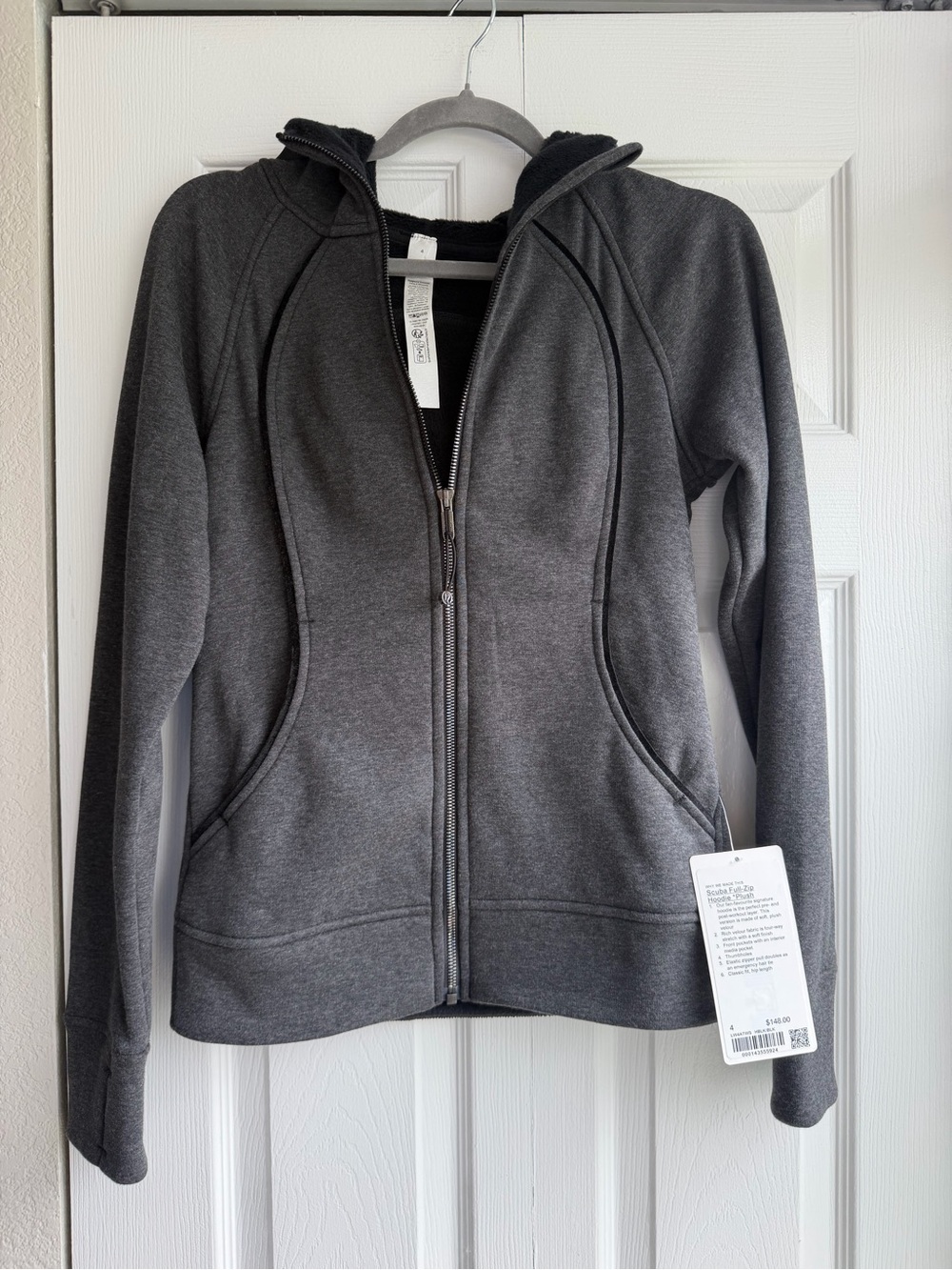 BNWT Lululemon Scuba Full Zip Plush Hoodie Heather Grey Black Size 4
